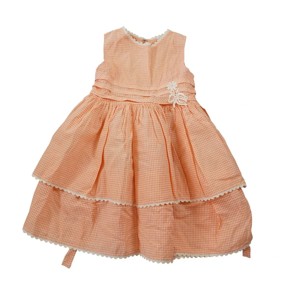 Vintage Cinderella Shirley Temple Gingham Dress Orange White Tiered Ric Rac USA